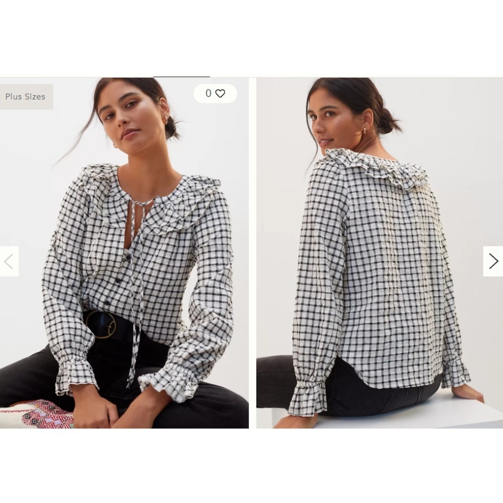 Maeve Black & White Grid Ruffle Tie-Neck Button-Down Blouse